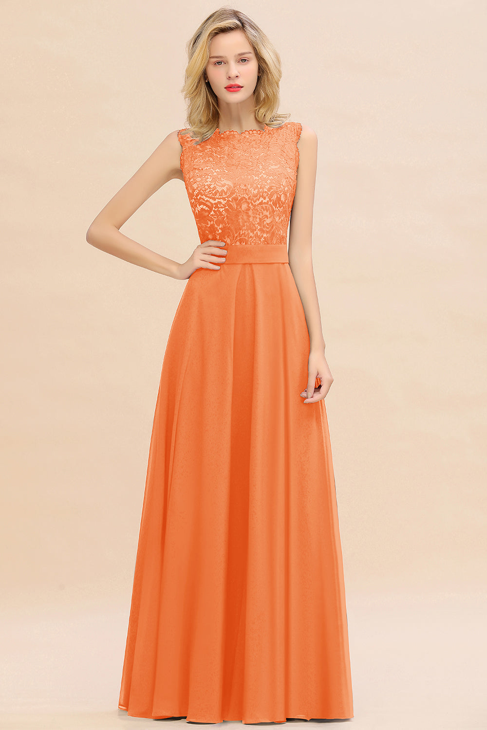 Long A-line Chiffon Lace Sleeveless Bridesmaid Dresses