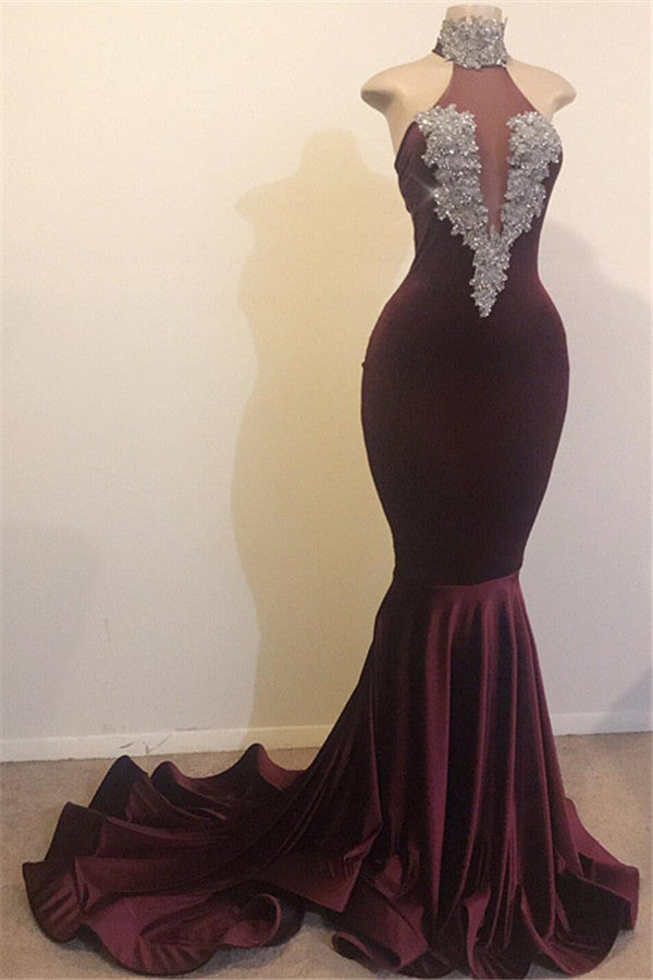 Long High Neck Appliques Lace Mermaid Prom Dress