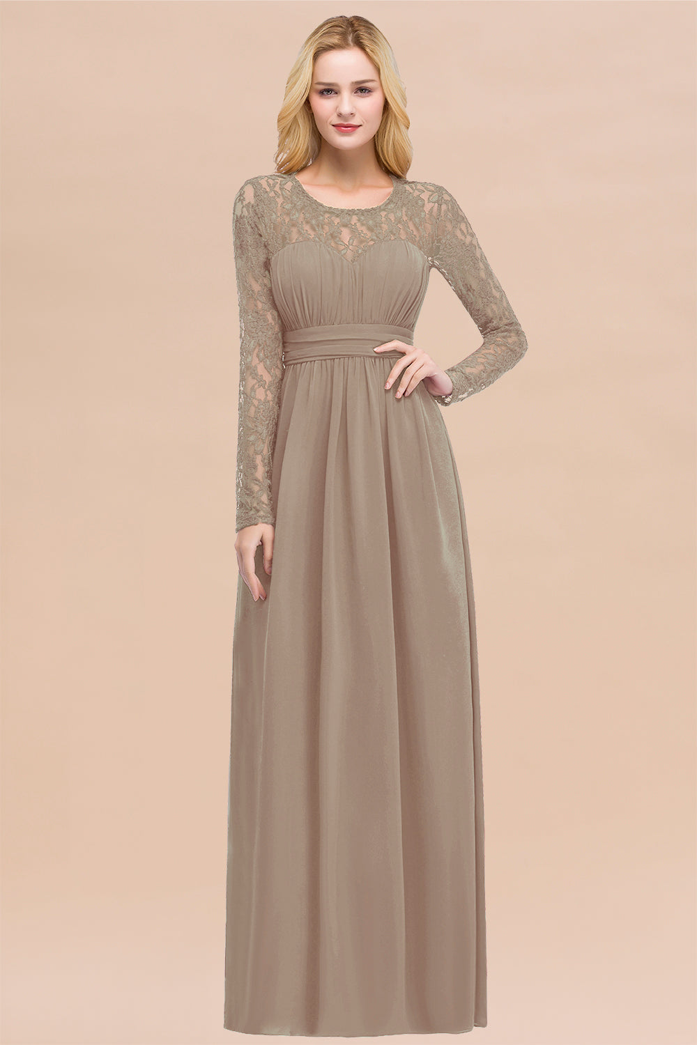 Elegant A-Line Chiffon Jewel Long Sleeves Ruffles Floor Length Bridesmaid Dresses