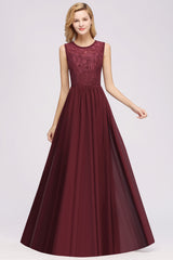 A-line Chiffon Lace Jewel Sleeveless Ruffles Floor Length Bridesmaid Dresses with Appliques