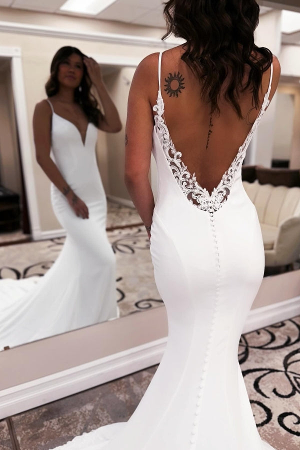 Mermaid Spaghetti Straps Open Back Sweetheart Satin Long Wedding Dresses