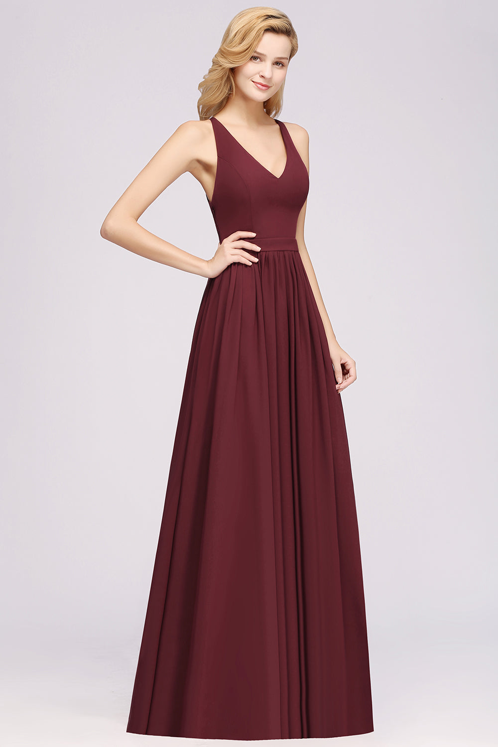 Chiffon Lace V-Neck Sleeveless Straps Floor Length Bridesmaid Dress