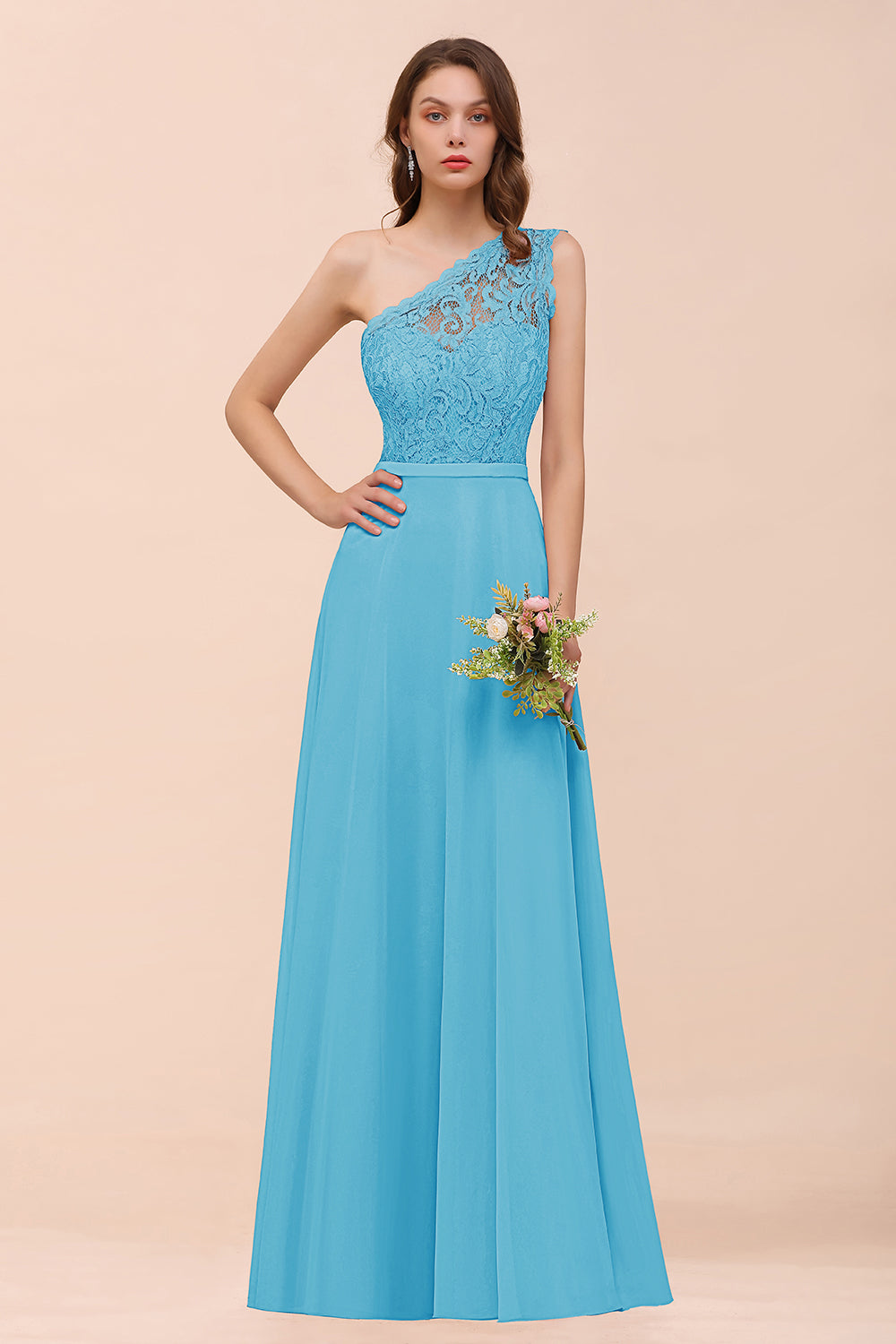 Classy One Shoulder Appliques Lace Floor Length A-Line Chiffon Bridesmaid Dress