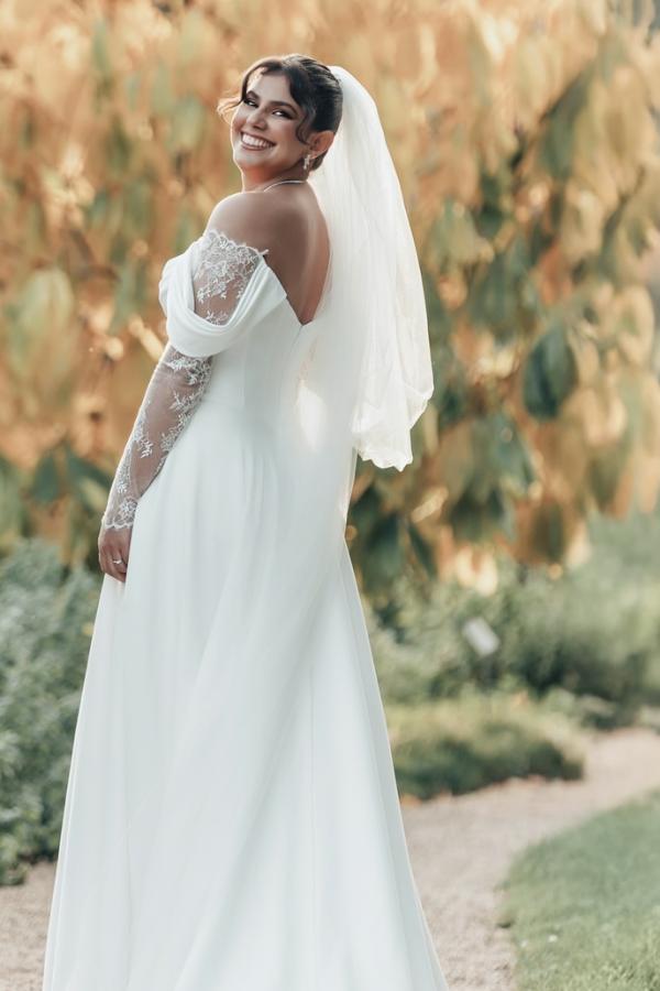 Long Off The Shoulder Split Front A-Line White Wedding Dress with Ruffles