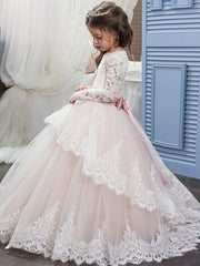 Long Ball Gown Jewel Neck Lace Flower Girl Dresses with Sleeves