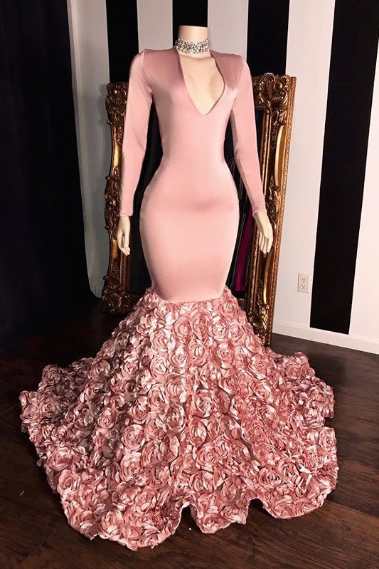 Long Sleeves Flowers Mermaid V-neck Prom Dresses