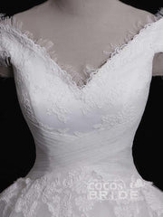 Gorgeous Long Off the Shoulder Lace Tulle Ball Gown Ruffles Wedding Dresses