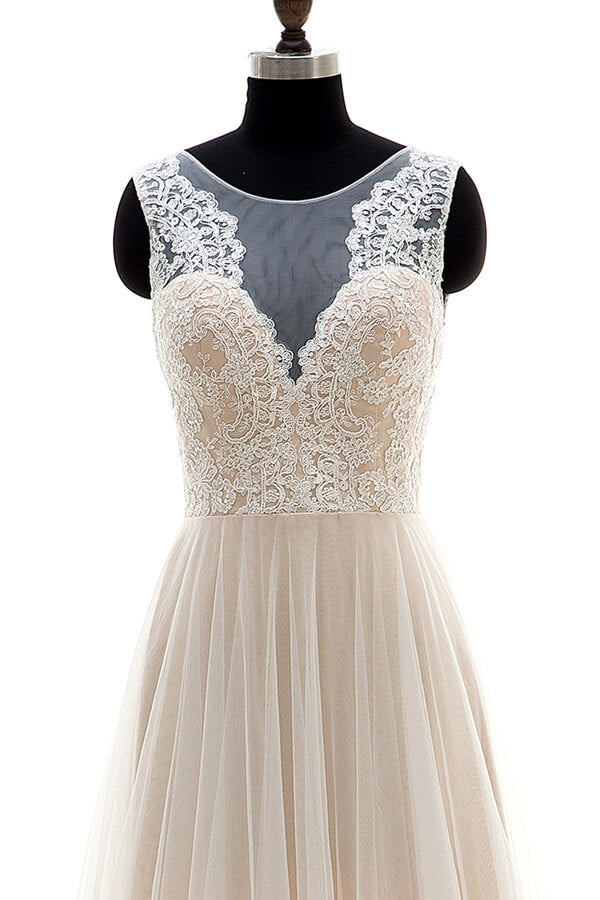 Long A-line Lace Tulle Floor Length Wedding Dress
