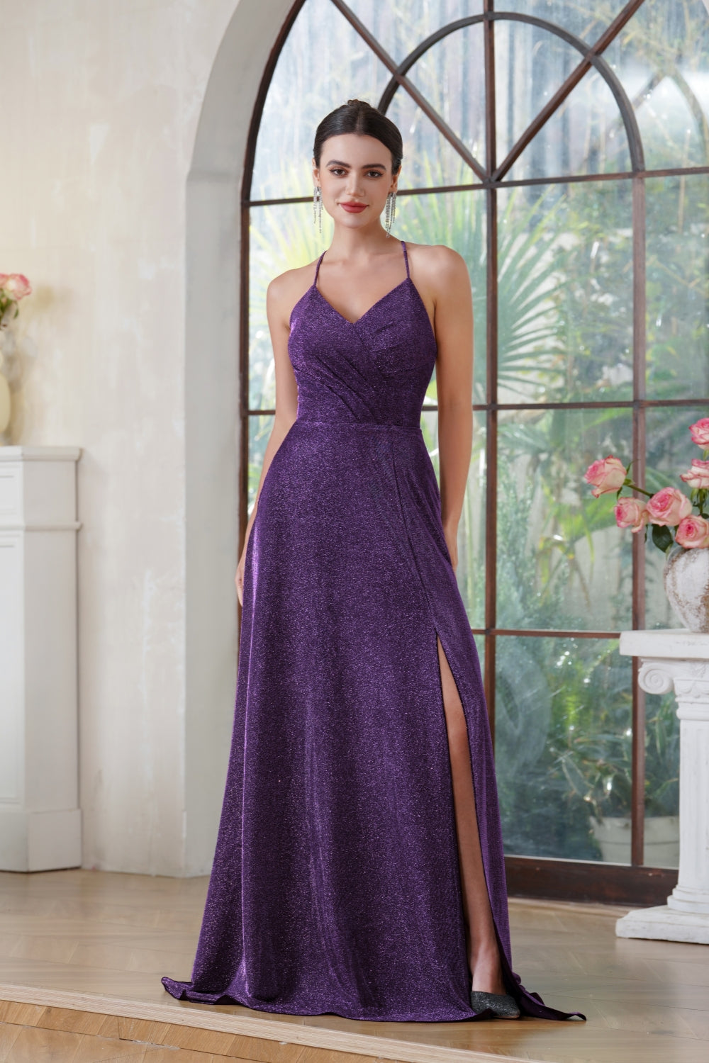Glitter Long A-line Halter V-Neck Floor Length Side Split Formal Prom Dresses with Pocket