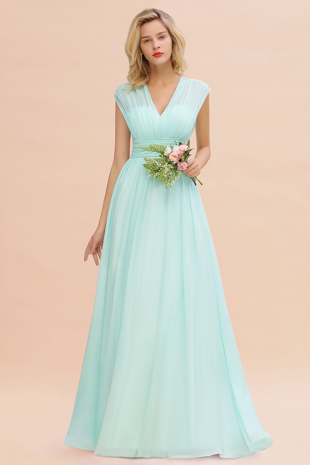 Chiffon V-Neck Sleeveless Elegant A-line Ruffles Bridesmaid Dress