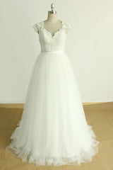 Long Sweetheart Appliques Lace Cap Sleeve Tulle A-line Wedding Dress