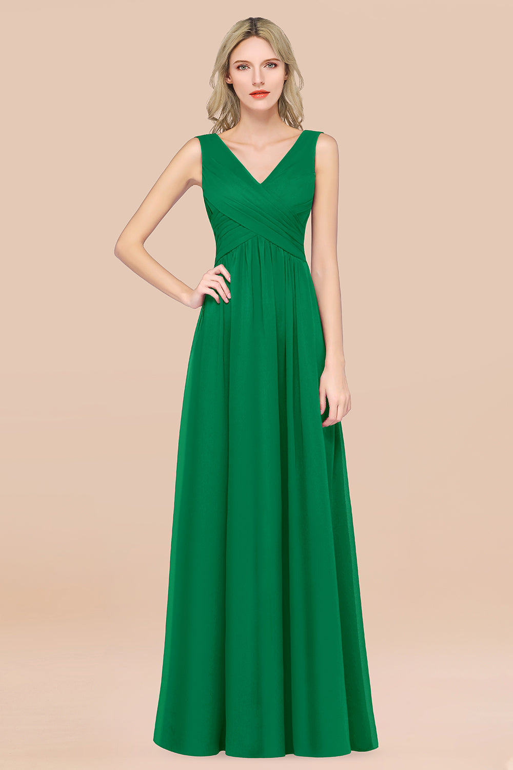 A-Line Chiffon Straps V-Neck Sleeveless Floor Length Bridesmaid Dress with Ruffles