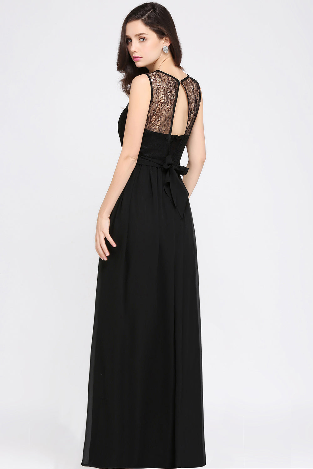 A-Line Chiffon Lace Jewel Sleeveless Keyhole Floor Length Bridesmaid Dresses