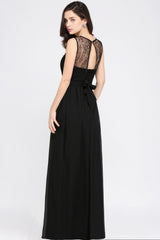 A-Line Chiffon Lace Jewel Sleeveless Keyhole Floor Length Bridesmaid Dresses