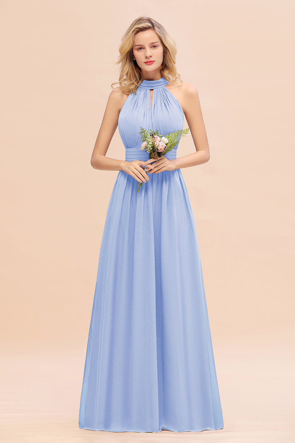 Dusty Sage Long High Neck Chiffon Bridesmaid Dresses with Ruffle
