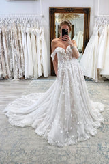 Luxury Long A-line Off the Shoulder Backless Tulle Lace Wedding Dresses