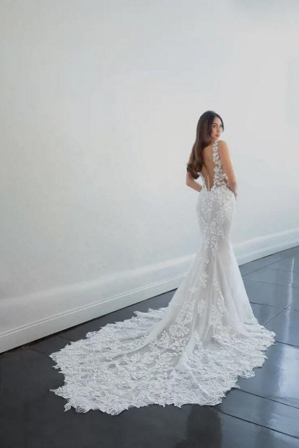 Elegant Long Mermaid V-neck Tulle Lace Backless Wedding Dresses