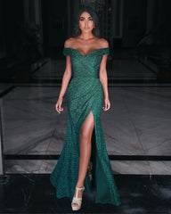 Long Off the Shoulder Floor Length Ruffles Mermaid Prom Dress With Side Slit