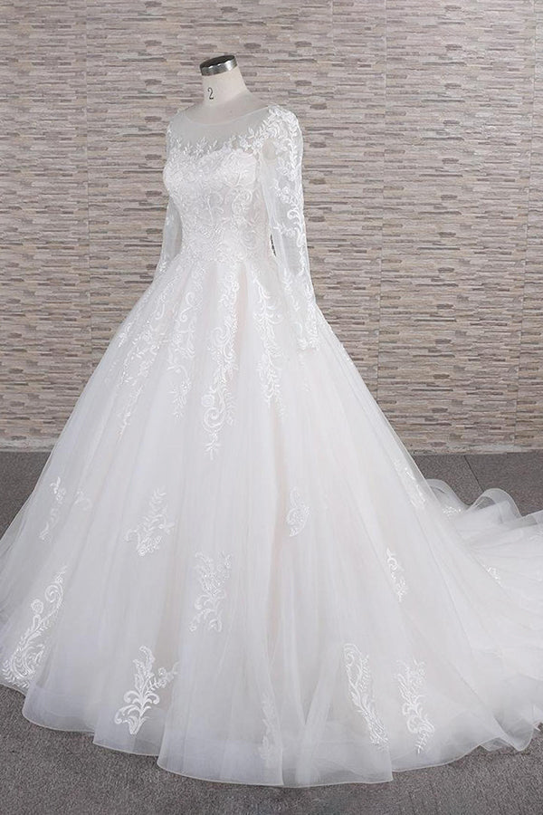 Elegant Long A-line Appliques Lace Tulle Wedding Dress with Sleeves
