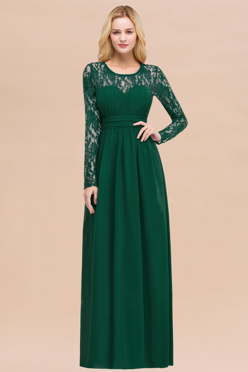 Elegant A-Line Chiffon Jewel Long Sleeves Ruffles Floor Length Bridesmaid Dresses