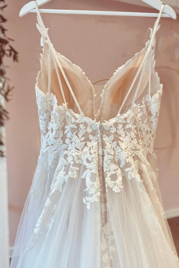 Long A-Line Ruffles Tulle Sweetheart Appliques Lace Floor Length Wedding Dress