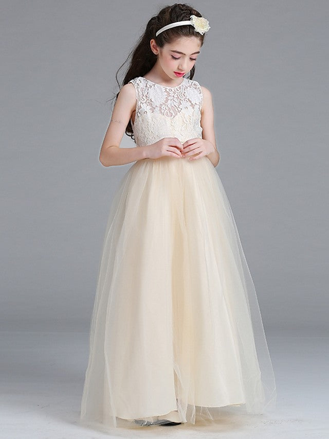 Long Floor Length Tulle Lace Junior Bridesmaid Dress A-line Flower Girl Dresses