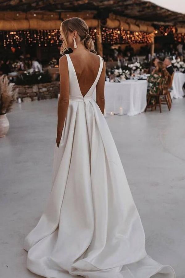 Elegant Long A-Line V-neck Satin Sleeveless Front Split Wedding Dress with Ribbons
