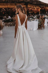 Elegant Long A-Line V-neck Satin Sleeveless Front Split Wedding Dress with Ribbons