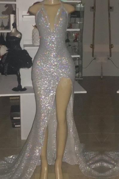 Long V-neck Sequins Mermaid Front Slit Floor Length Prom Dresses