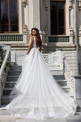 Elegant A-Line Deep V-Neck Tulle Lace Backless Long Wedding Dress with Bow