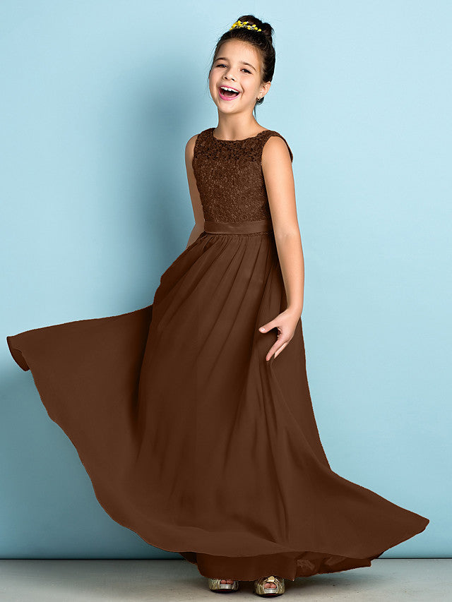 Long A-Line Scoop Neck Floor Length Chiffon Lace Junior Bridesmaid Dress