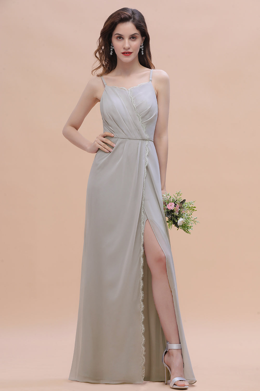 Stylish Spaghetti Straps A-Line Floor Length Bridesmaid Dress With Side Slit