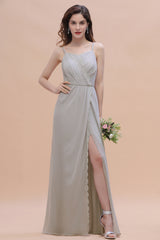 Stylish Spaghetti Straps A-Line Floor Length Bridesmaid Dress With Side Slit