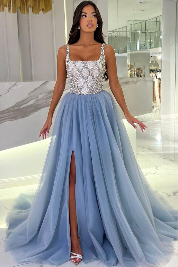 Square Neck A-Line Tulle Long Prom Dress with Split Front