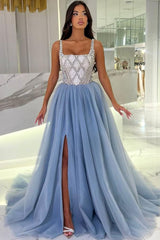 Square Neck A-Line Tulle Long Prom Dress with Split Front