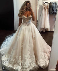 Luxury Long A-line Off the Shoulder Tulle Lace Wedding Dress