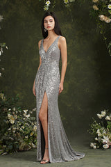 Attractive Sequins Wide Straps V-neck Mermaid Bridesmaid Dress With Side Slit