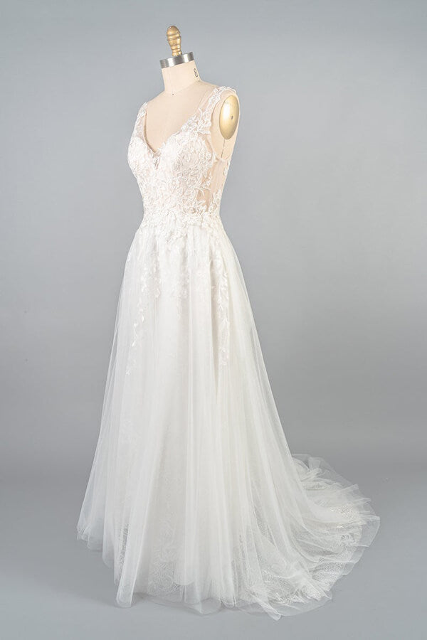 Long V-neck Appliques Tulle A-line Open Back Wedding Dress
