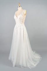 Long V-neck Appliques Tulle A-line Open Back Wedding Dress