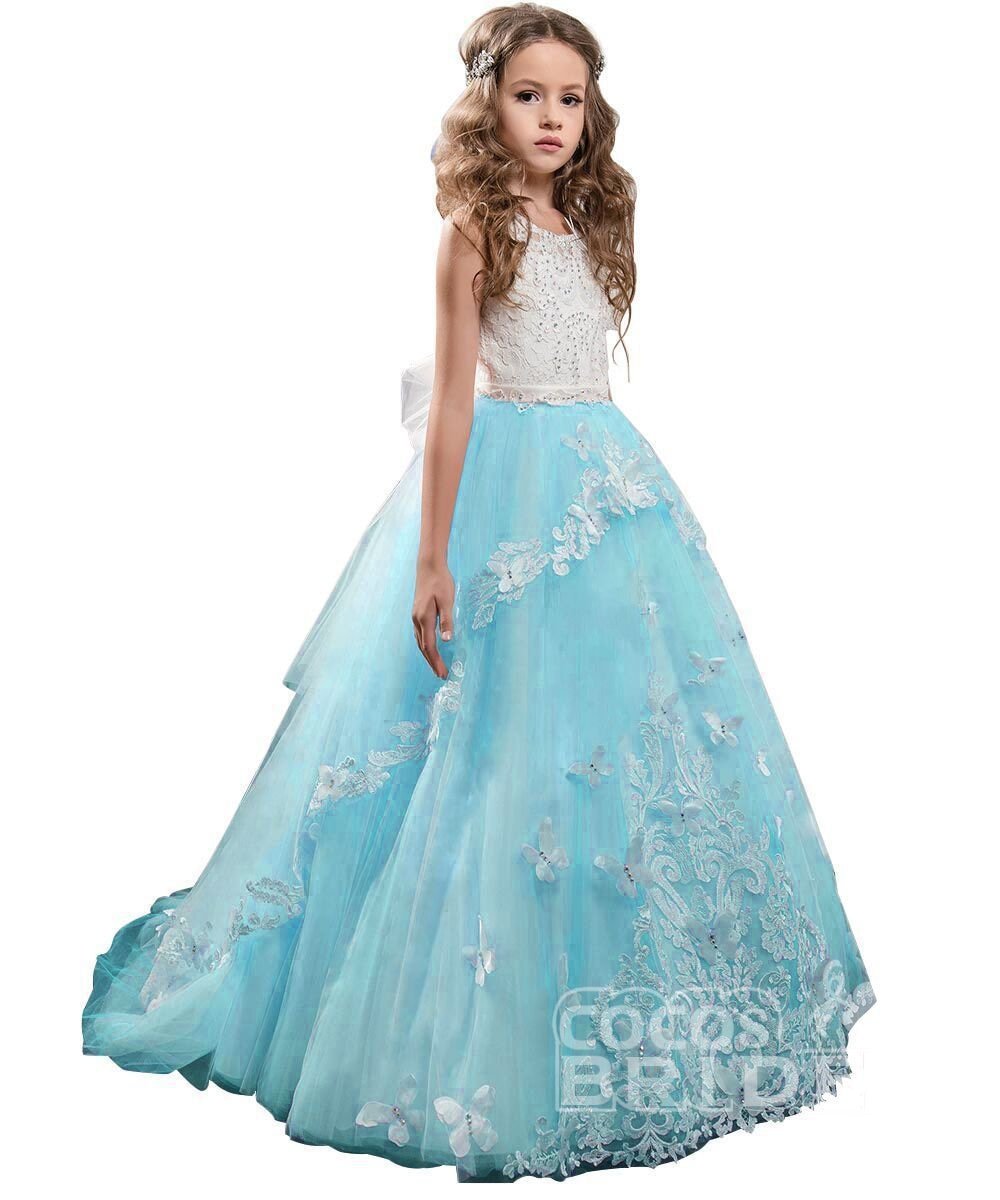 Long Tulle Lace Scoop Neck Sleeveless Ball Gown Flower Girl Dress