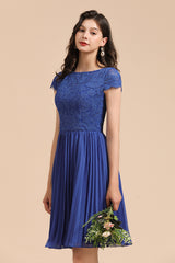 Royal Blue Lace Short Sleeve Knee Length Bridesmaid Dress