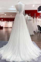 Classy Long A-line Tulle V Neck Sleeveless Ruffles Wedding Dress With Lace