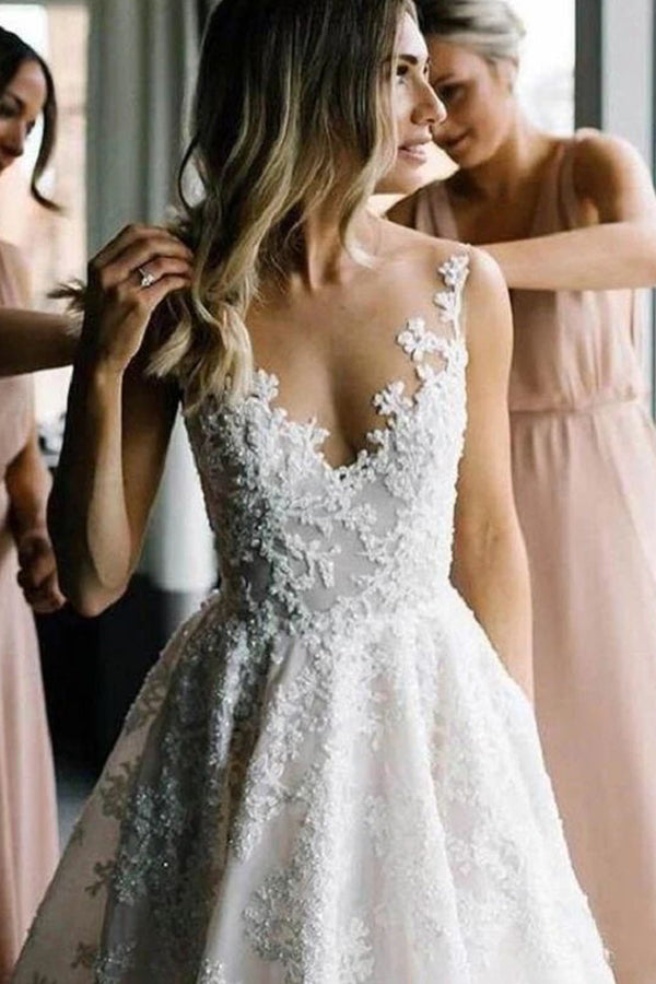 Long Straps V-neck Floral Lace Beads A-line Wedding Dress