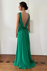 Green A Line Crew Neck Open Back Floor Chiffon Length Wedding Guest Dresses