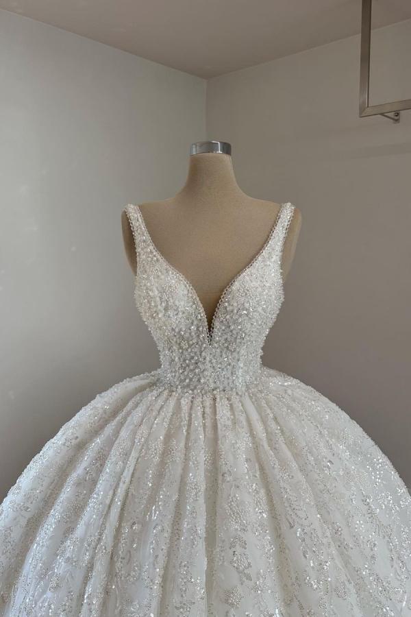 White Long Ball Gown V-neck Straps Tulle Lace Backless Wedding Dresses