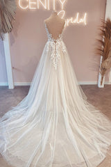 Gorgeous Long A-line V-neck Tulle Lace Open Back Wedding Dresses