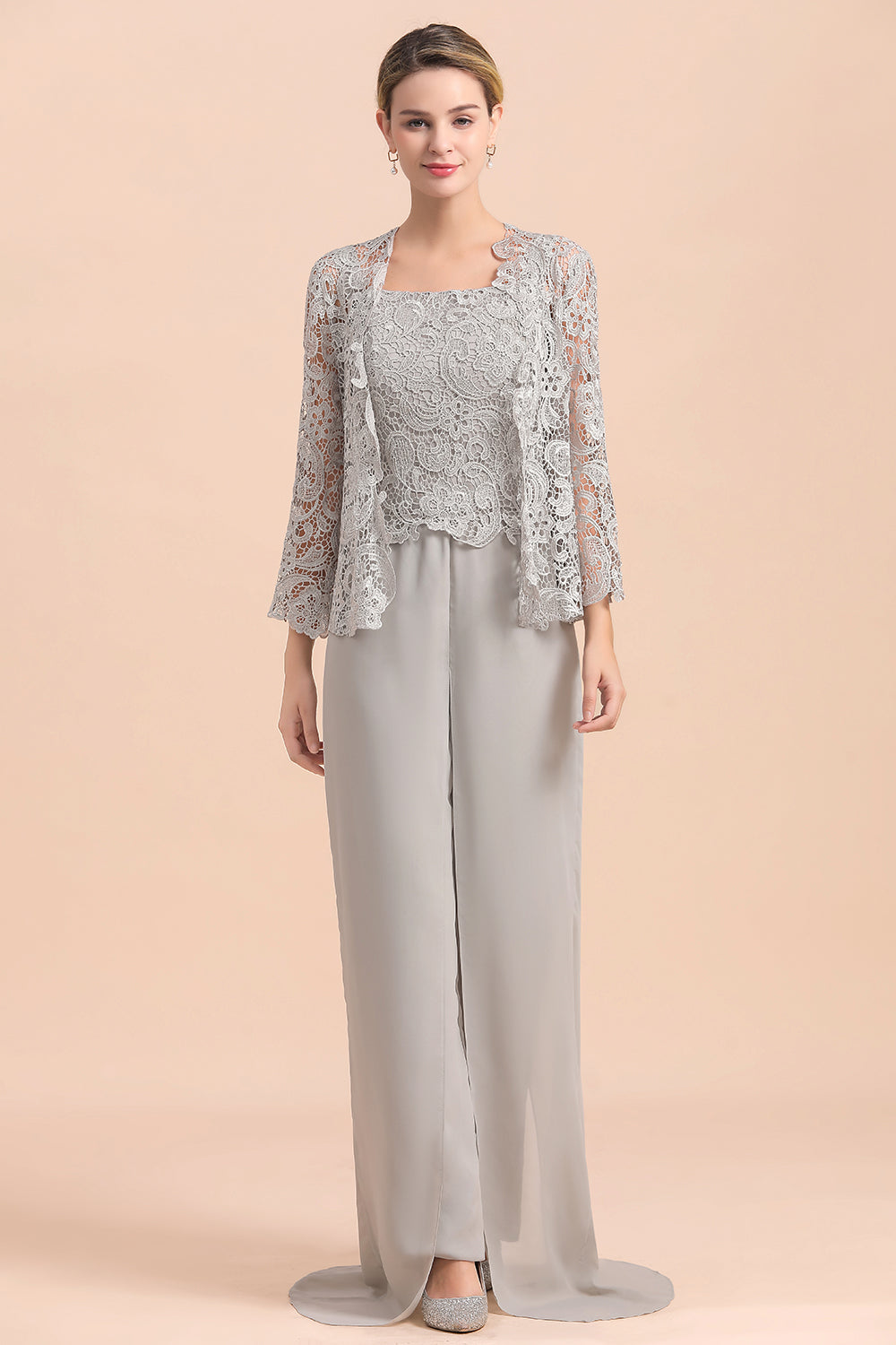 Chic Silver Lace Chiffon Long Sleeves Mother of Bride Jumpsuit With Wrap