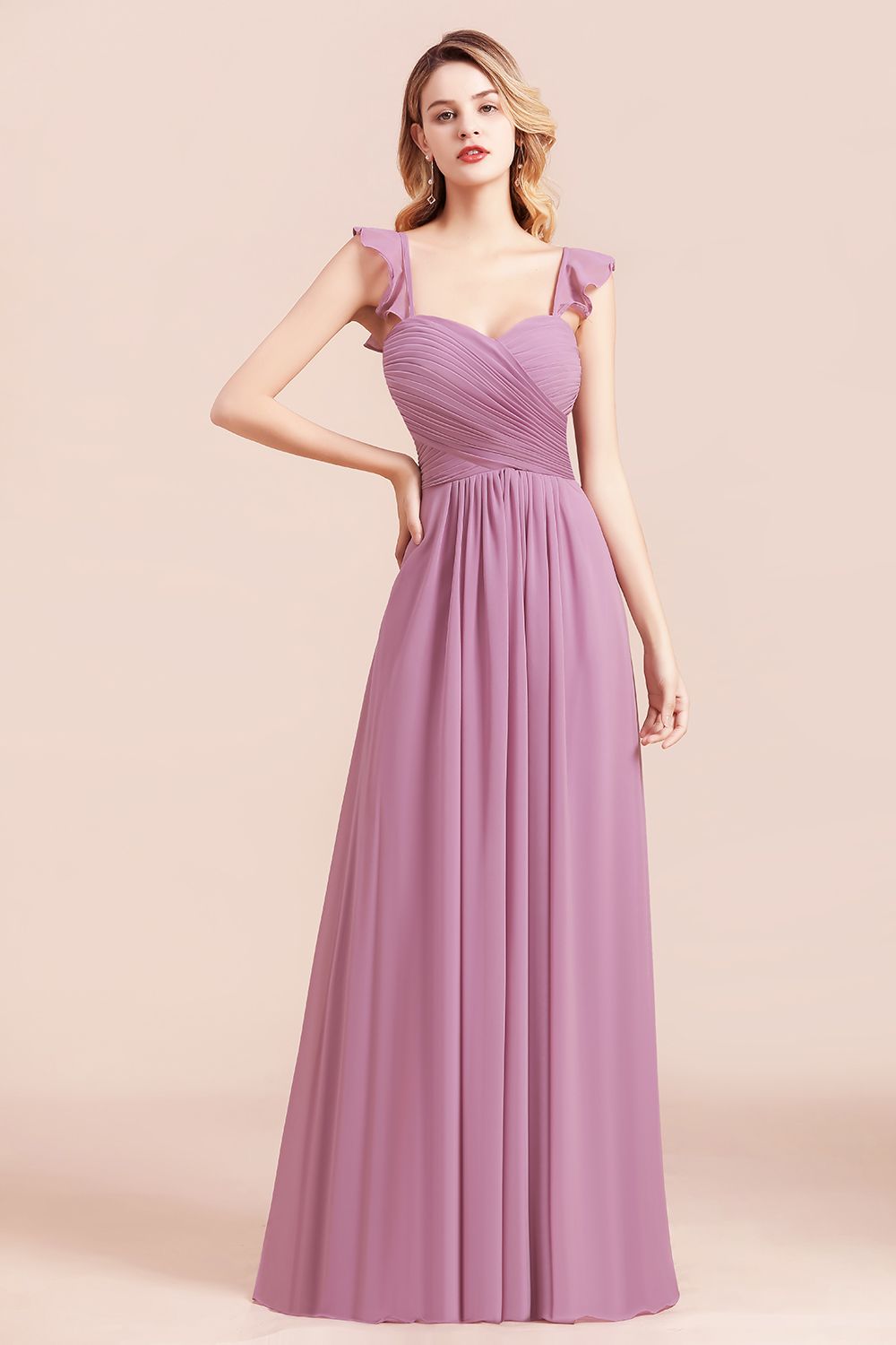 Sweetheart Ruffles Straps Chiffon Long Bridesmaid Dress A-Line Sleeveless Party Dress