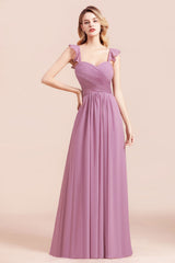 Sweetheart Ruffles Straps Chiffon Long Bridesmaid Dress A-Line Sleeveless Party Dress