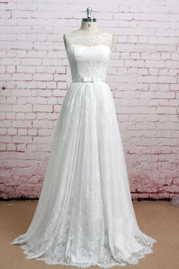 Long A-line Floor Length Lace Tulle Wedding Dress